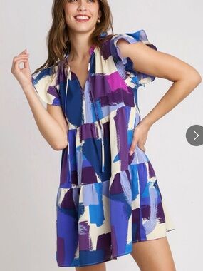 Umgee Abstract Brushstroke Ruffle Mini Dress in Blue, Purple & Cream